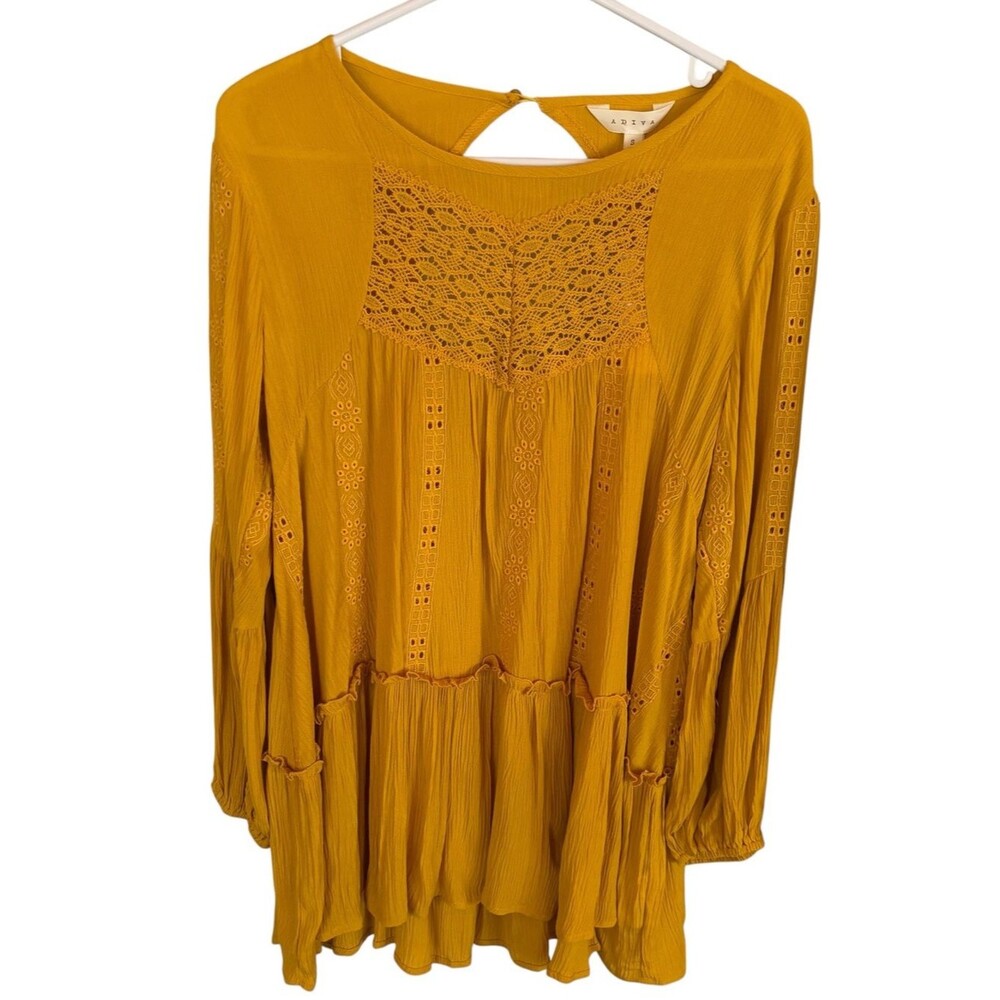 Yellow Tunic Mini Dress Long Sleeves Eyelet Embroidered Flowy Boho Summer